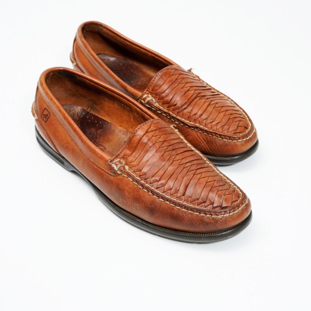 Sperry Top-Sider Woven Leather Loafers Men 10.5 Brown Slip On Casual Boat Shoes